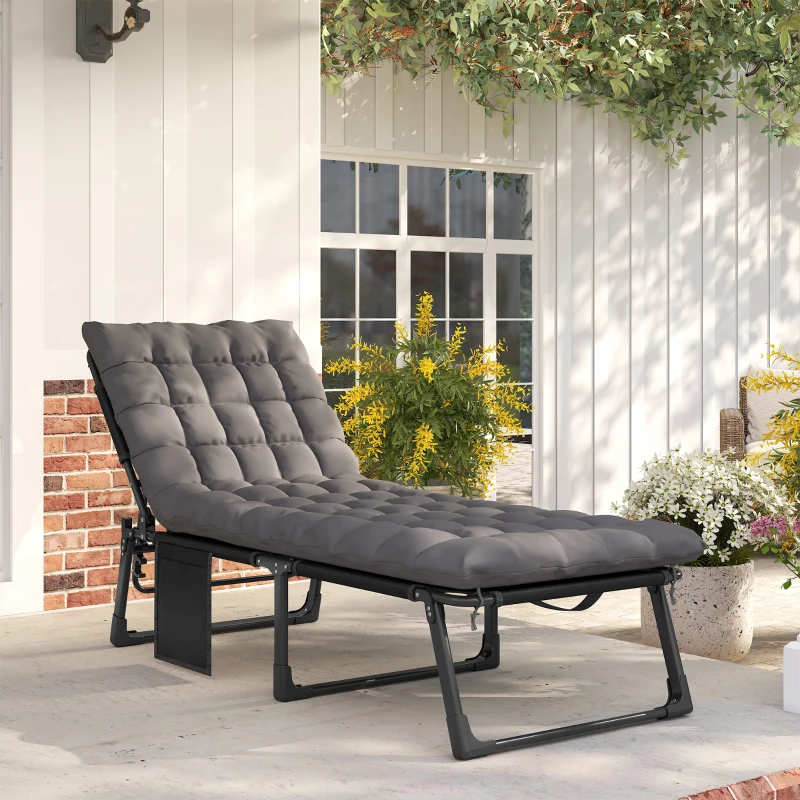 Outsunny Folding Chaise Lounge Chair Outdoor Tanning Chair with 5-Position Backrest, Cushion, Side Pocket, Dark Gray
