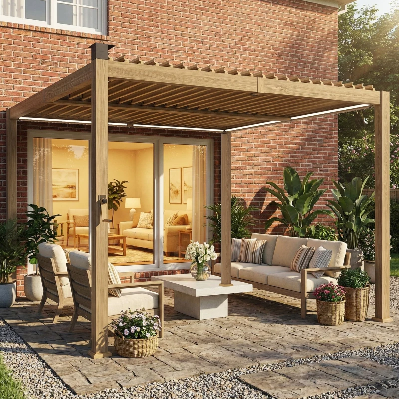 Outsunny 10' x 10' Louvered Pergola with Solar LED lights, Metal Roof, Outdoor Pergola Patio Gazebo with Drainage Gutters, Brown