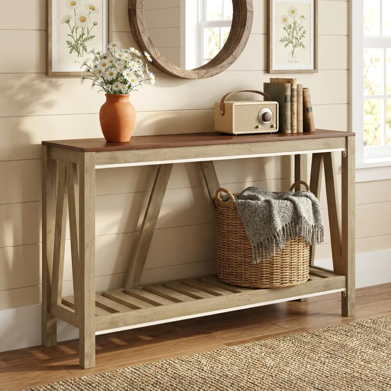 HOMCOM 52" Console Table, Farmhouse Narrow Entryway Table with Storage Shelf, Rustic Sofa Table with Anti-tipper for Living Room and Hallway, Oak