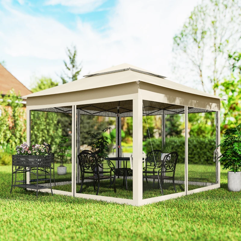 Outsunny Outdoor Patio Pop Up Canopy Gazebo Shelter with Zipper Netting, Carry Bag, 11' x 11', Beige