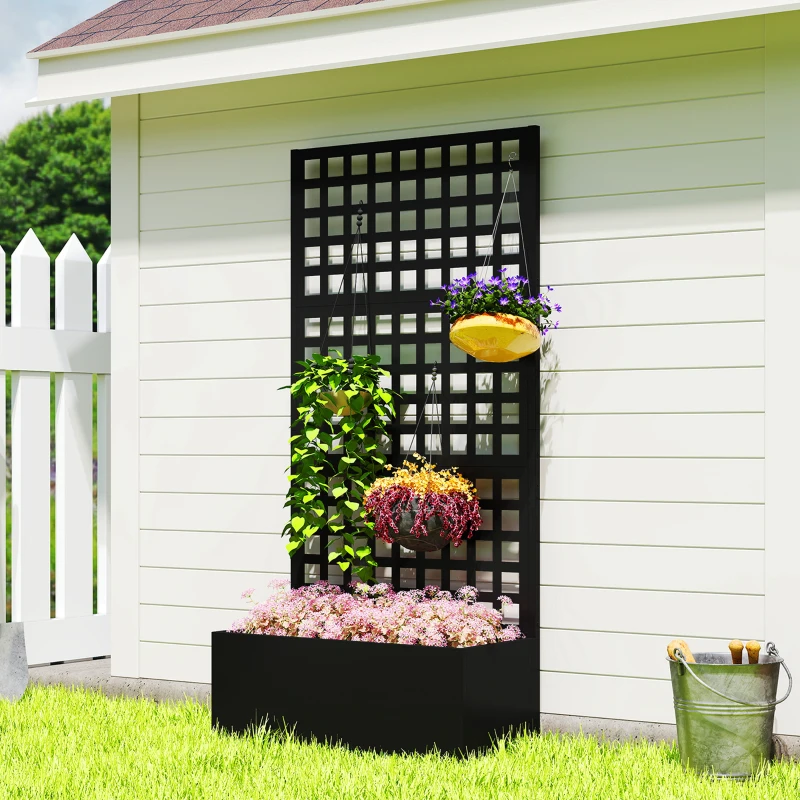 Outsunny Galvanized Raised Garden Bed Planter Box with Trellis for Climbing Plants, Vegetable, Vines, 35" x 16" x 70", Black