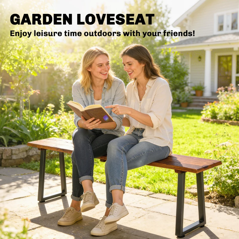 Outsunny Wood Outdoor Bench for 2 People, 59" Backless Patio Garden Bench with Trapezoidal Steel Legs