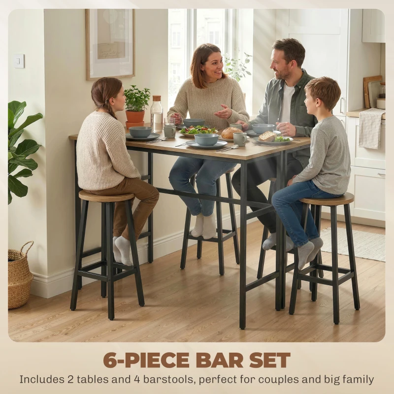 HOMCOM Bar Table Set of 6, Bar Table and Stools for 4, 2 Breakfast Tables and 4 Stools for Living Room, Grey-Brown