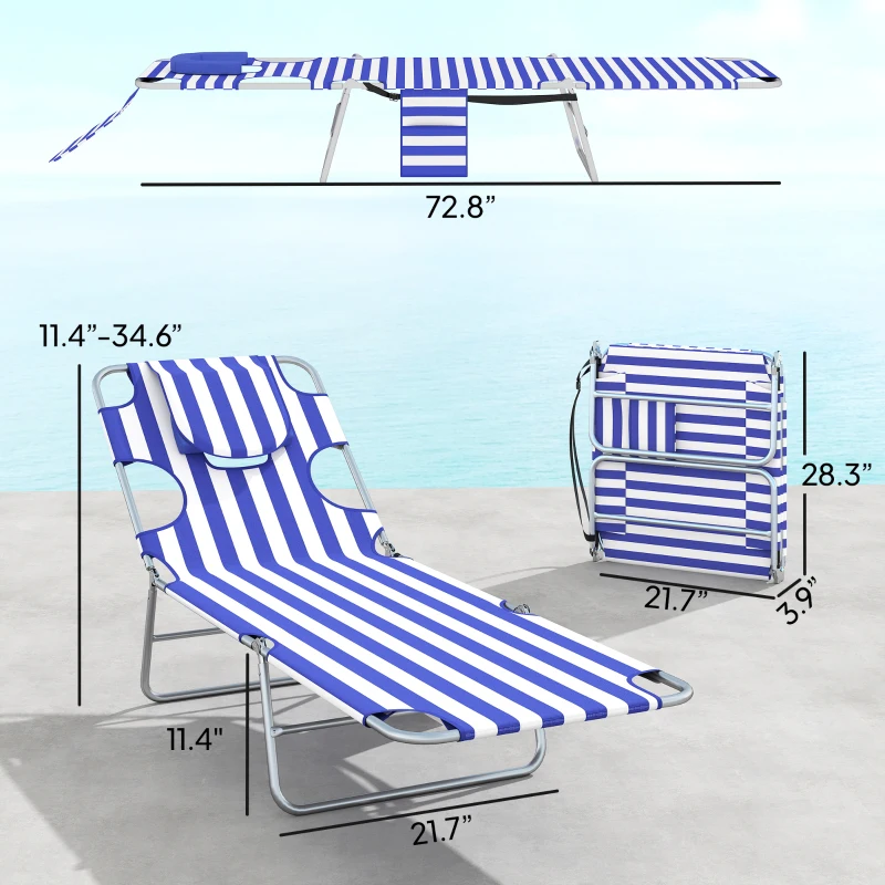 Outsunny 2 Tanning Chairs with Face Hole, 5-Level Adjustable Outdoor Chaise Lounge Chair with Pillow for Beach, Pool, Blue Stripe