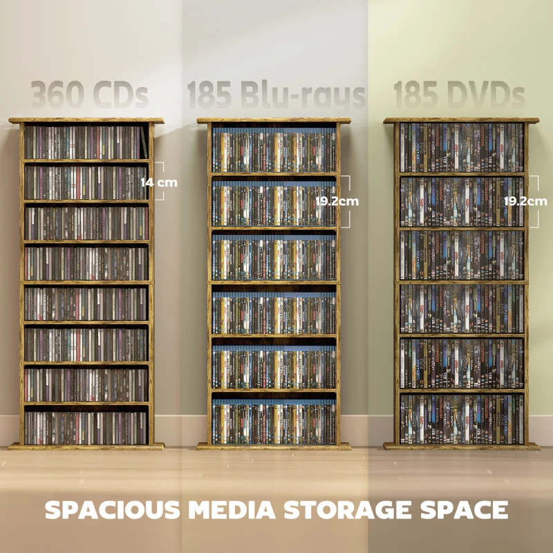 HOMCOM 8-Tier DVD Shelf with 6 Adjustable Shelves, Slim CD Shelf, Holds 360 CDs, 185 DVDs or 185 Blu-rays, Rustic Brown