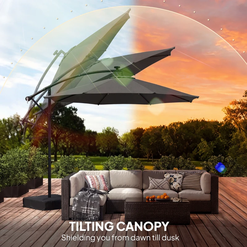 Outsunny 10 ft Cantilever Patio Umbrella with Light, Weight, Offset Hanging Outdoor Umbrella with Protective Cover, Dark Gray