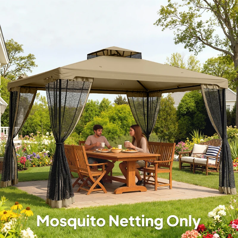 Outsunny Replacement Mosquito Netting for Gazebo 10' x 13' Black Screen Walls for Canopy with Zippers, Khaki