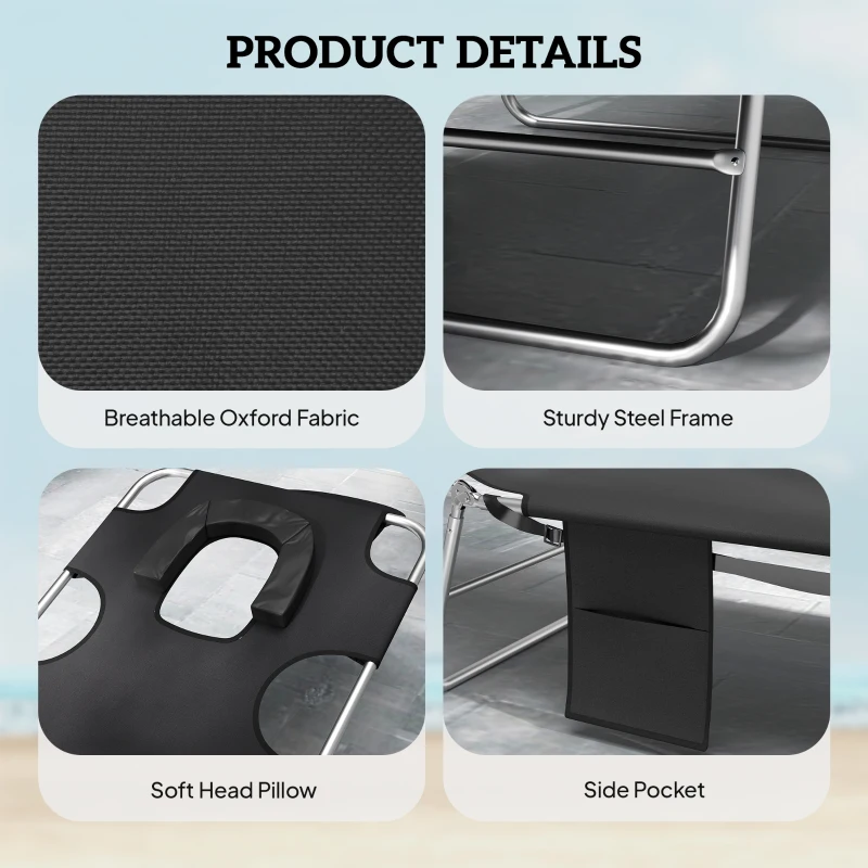 Outsunny 2 Tanning Chairs with Face Hole, 5-Level Adjustable Outdoor Chaise Lounge Chair with Pillow for Beach, Pool, Black