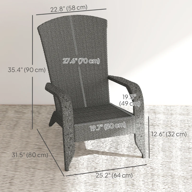 Outsunny Wicker Adirondack Chair, PE Rattan Outdoor Fire Pit Chair Muskoka Chair with Cushions, Heather Grey