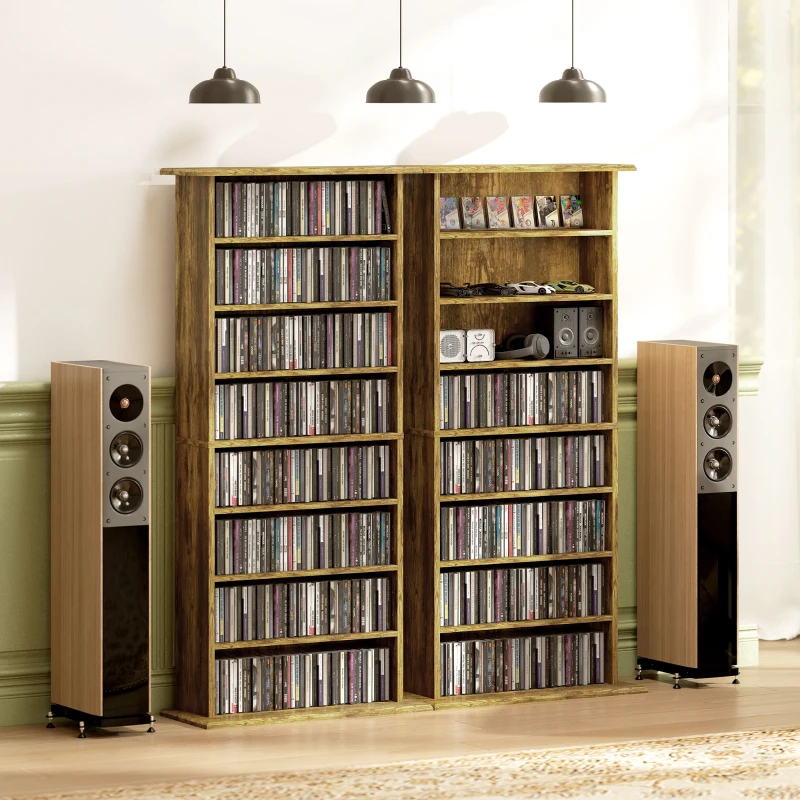HOMCOM 8-Tier DVD Shelf with 6 Adjustable Shelves, Slim CD Shelf, Holds 360 CDs, 185 DVDs or 185 Blu-rays, Rustic Brown
