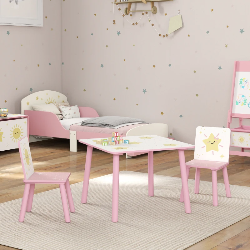 Qaba 3-Piece Kids Toddler Table and Chair Set Furniture for Boys and Girls Aged 3-8, Bedroom, Nursery, Playroom, Pink