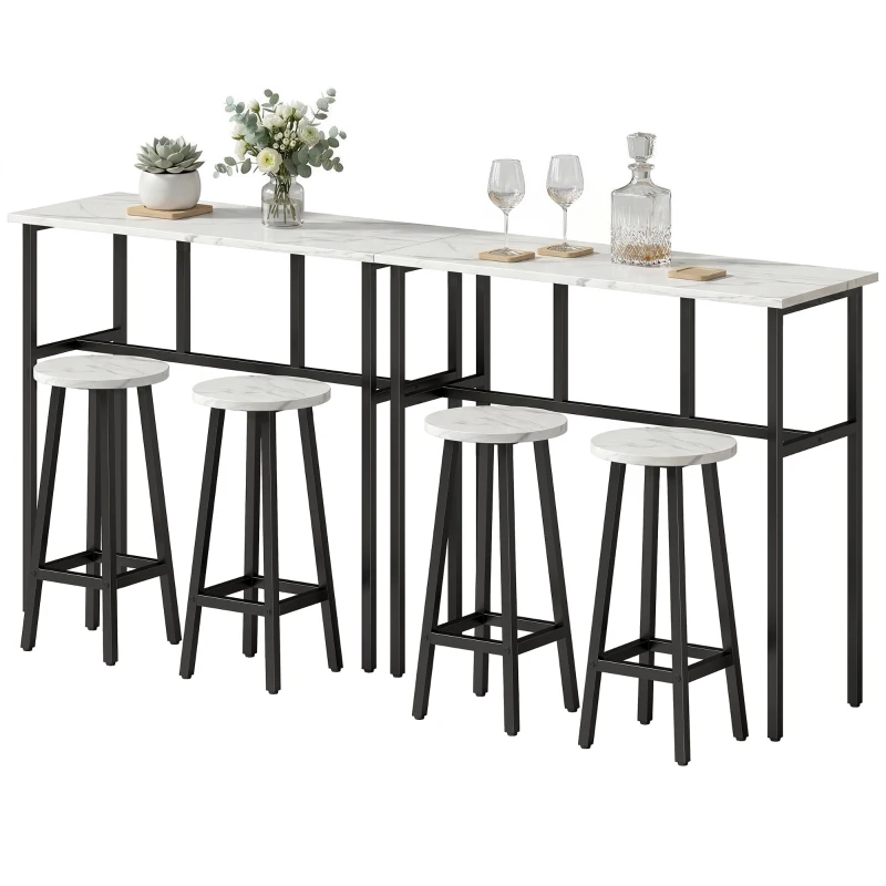 HOMCOM Bar Table Set of 6, Bar Table and Stools for 4, 2 Breakfast Tables and 4 Stools for Living Room, White Marble