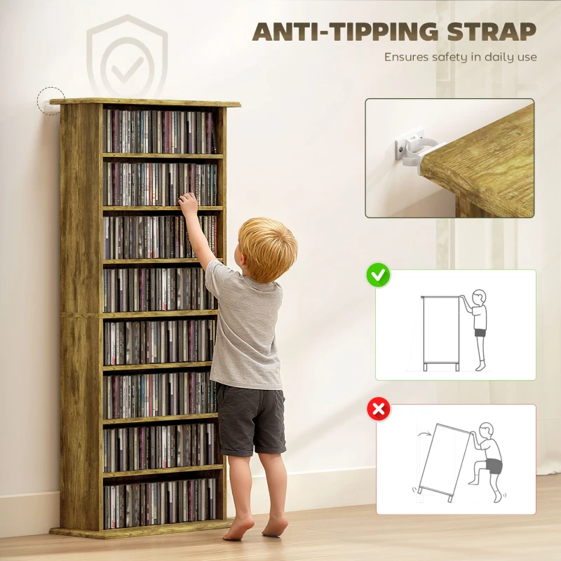 HOMCOM 8-Tier DVD Shelf with 6 Adjustable Shelves, Slim CD Shelf, Holds 360 CDs, 185 DVDs or 185 Blu-rays, Rustic Brown