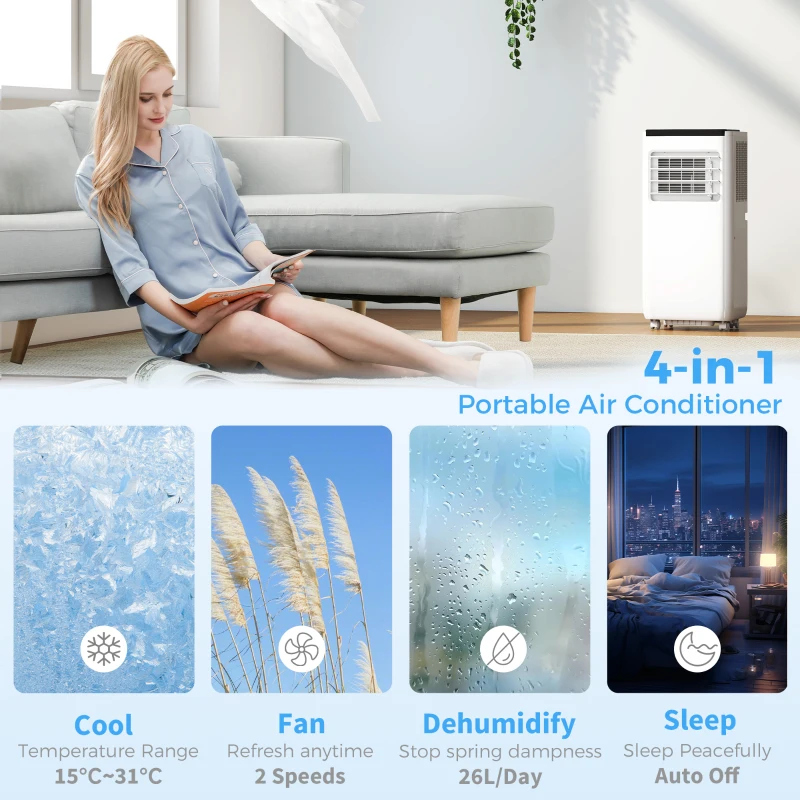 HOMCOM 10000 BTU Portable 4-in-1 Air Conditioner with Cool, Dehumidifier, Fan, Sleep, WiFi Voice Remote Control, White