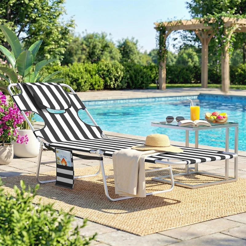 Outsunny Tanning Chair with Face Hole, 5-Level Adjustable Outdoor Chaise Lounge Chair with Pillow for Beach, Pool, Black Stripe