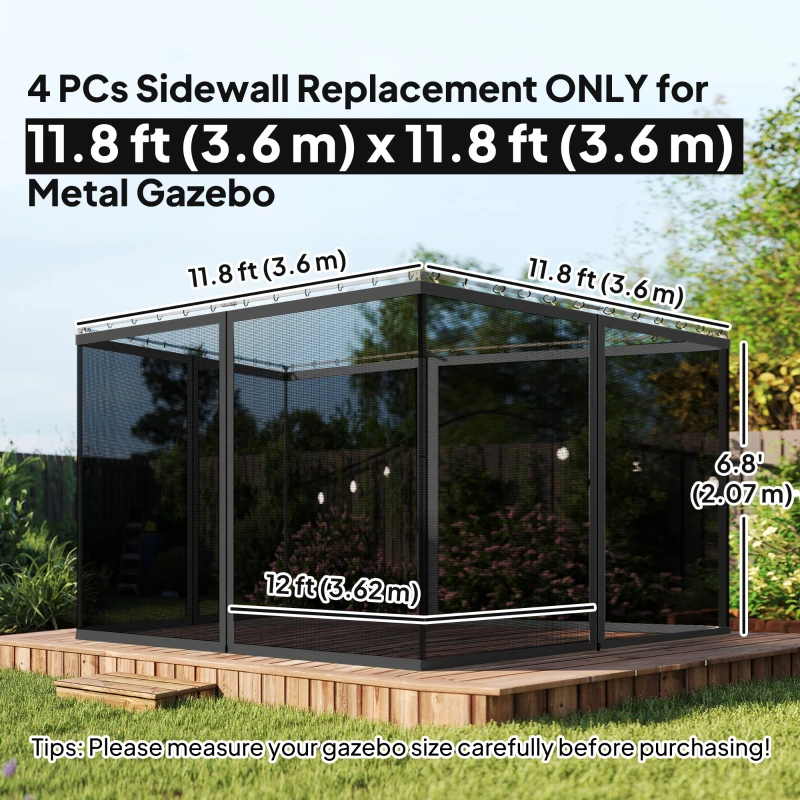 Outsunny Replacement Mosquito Netting for Gazebo 12' x 12' Black Screen Walls for Canopy with Zippers, Black