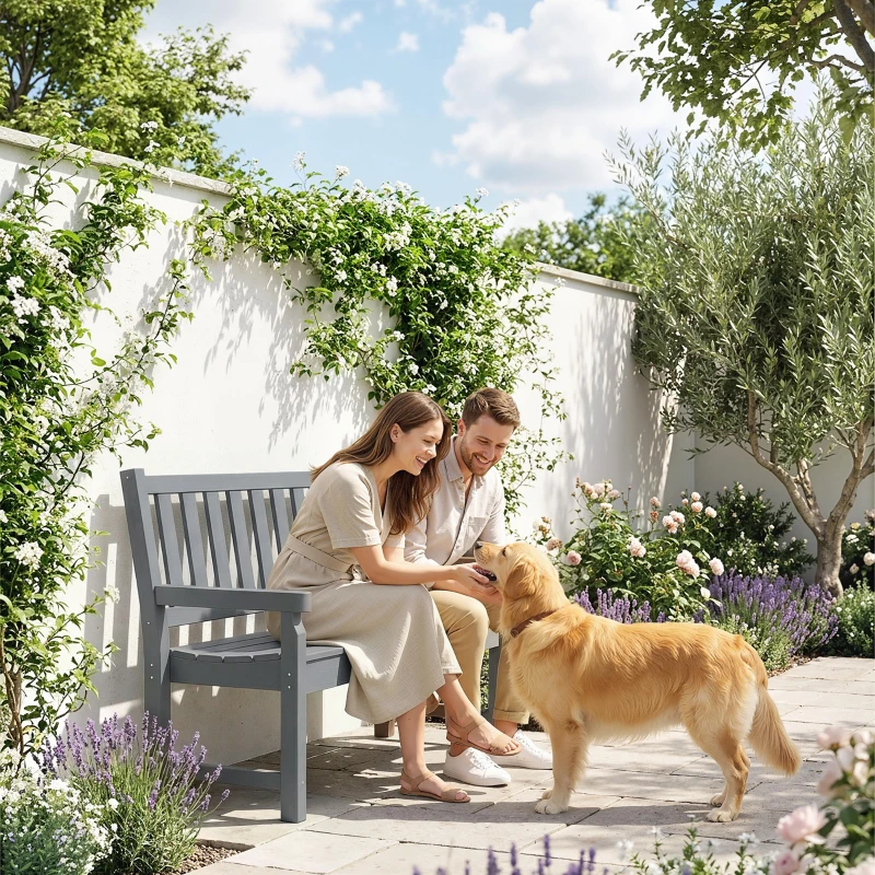 Outsunny 2-Person Garden Bench, HDPE Outdoor Bench with 530 lbs Capacity, Curved Seat for Backyard, Park, Porch, Lawn, Gray