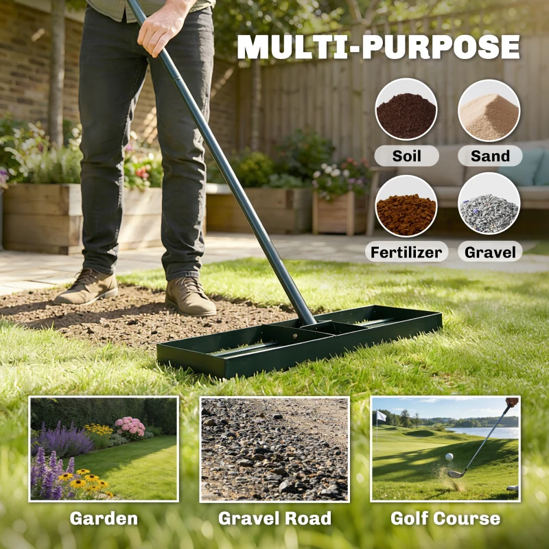 Outsunny Lawn Leveling Rake, 30" x 10" Heavy Duty Yard Leveling Rake with 66.5" Handle for Backyard, Golf Course