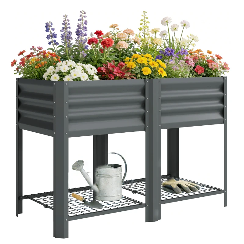 Outsunny Raised Garden Bed Galvanized Steel, Elevated Planter Box with Storage Shelf, Bed Liner, 31.5" High, Dark Gray