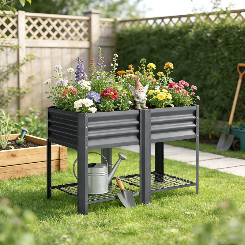 Outsunny Raised Garden Bed Galvanized Steel, Elevated Planter Box with Storage Shelf, Bed Liner, 31.5" High, Dark Gray