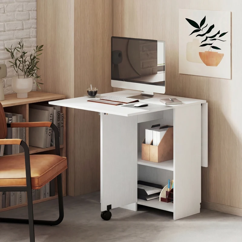 HOMCOM Folding Dining Table with Storage, Drop Leaf Kitchen Table with Drawer and Shelves for Small Spaces, White