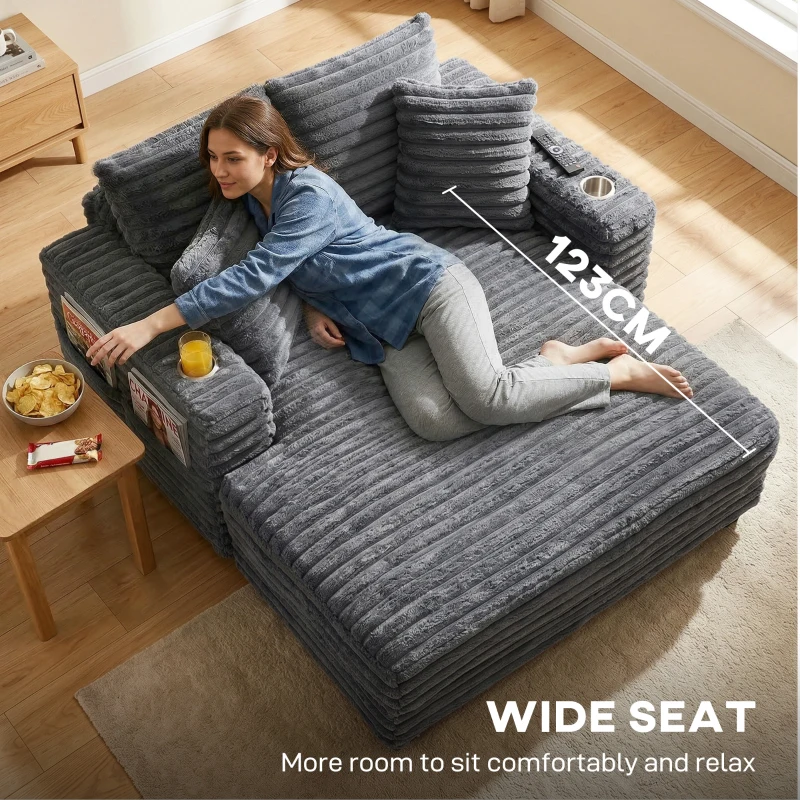 HOMCOM 60" Chaise Lounge Chair, Oversized Upholstered Sofa Bed with Cup Holders & Pillows, Sleeper Couch for Living Room, Grey