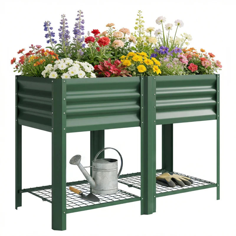 Outsunny Raised Garden Bed Galvanized Steel, Elevated Planter Box with Storage Shelf, Bed Liner, 31.5" High, Green