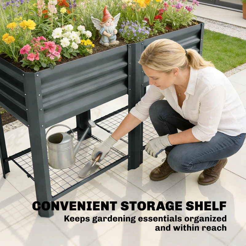 Outsunny Raised Garden Bed Galvanized Steel, Elevated Planter Box with Storage Shelf, Bed Liner, 31.5" High, Dark Gray