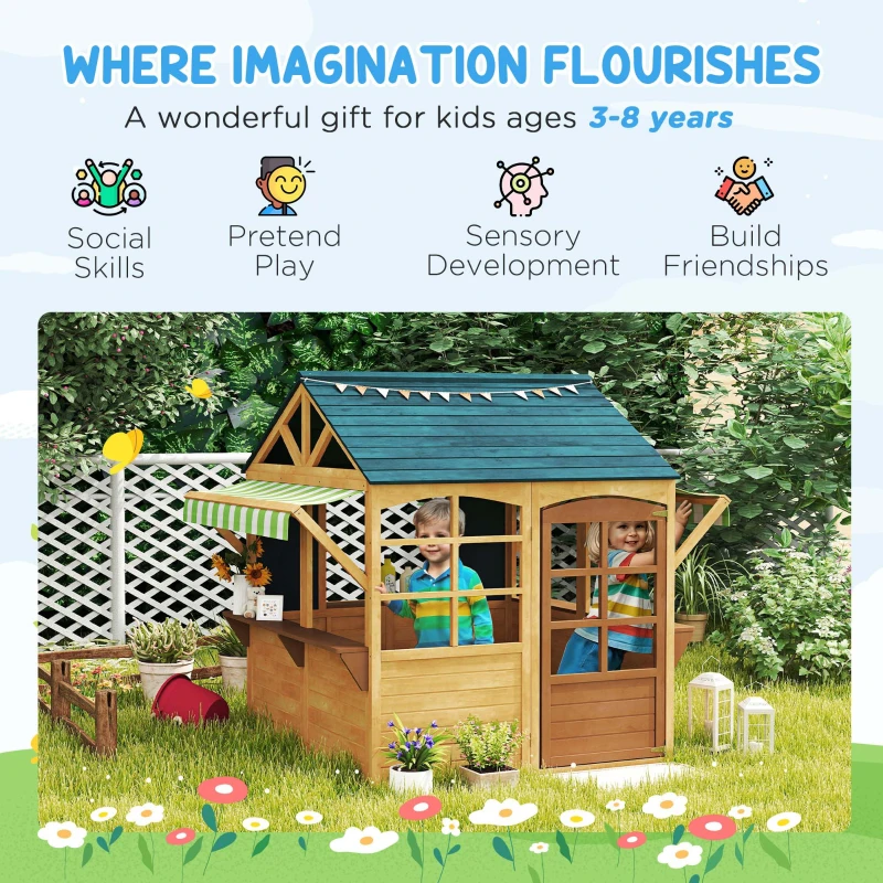 Qaba Wooden Outdoor Playhouse, Foldable Kids Cottage with Windows, Working Door, Snack Bars, Waterproof Covers, for 3-8 Years
