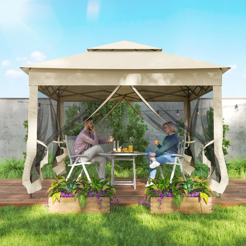 Outsunny Outdoor Patio Pop Up Canopy Gazebo Shelter with Zipper Netting, Carry Bag, 11' x 11', Beige