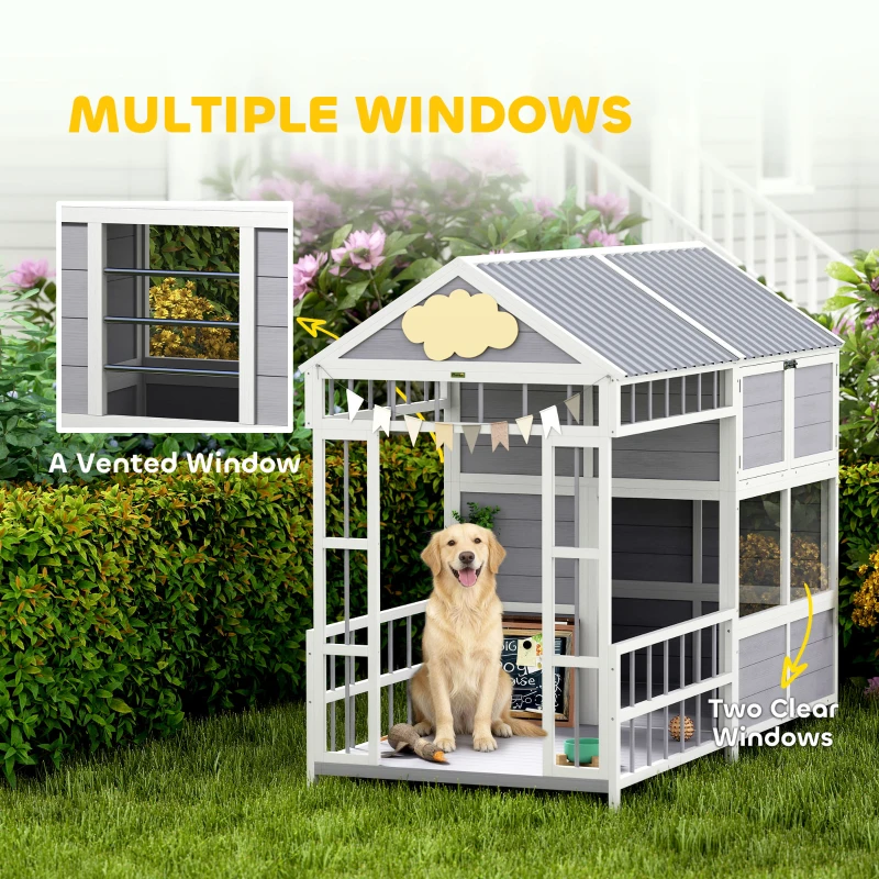 PawHut 79"L Large Dog House Outdoor, Wooden Dog Kennel with Porch, Storage Cabinet,Weatherproof Roof, Windows