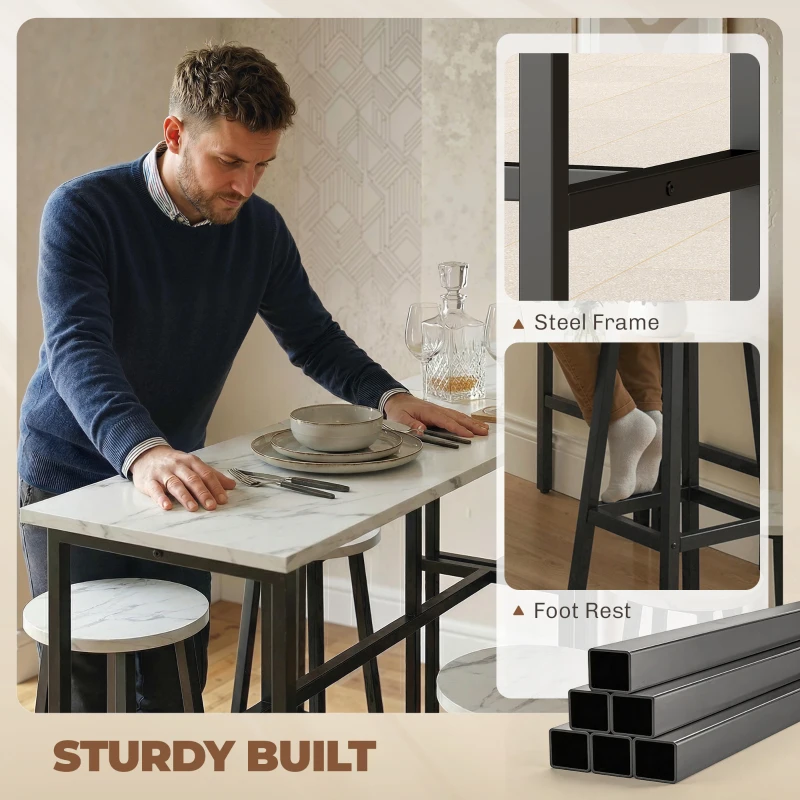 HOMCOM Bar Table Set of 6, Bar Table and Stools for 4, 2 Breakfast Tables and 4 Stools for Living Room, White Marble