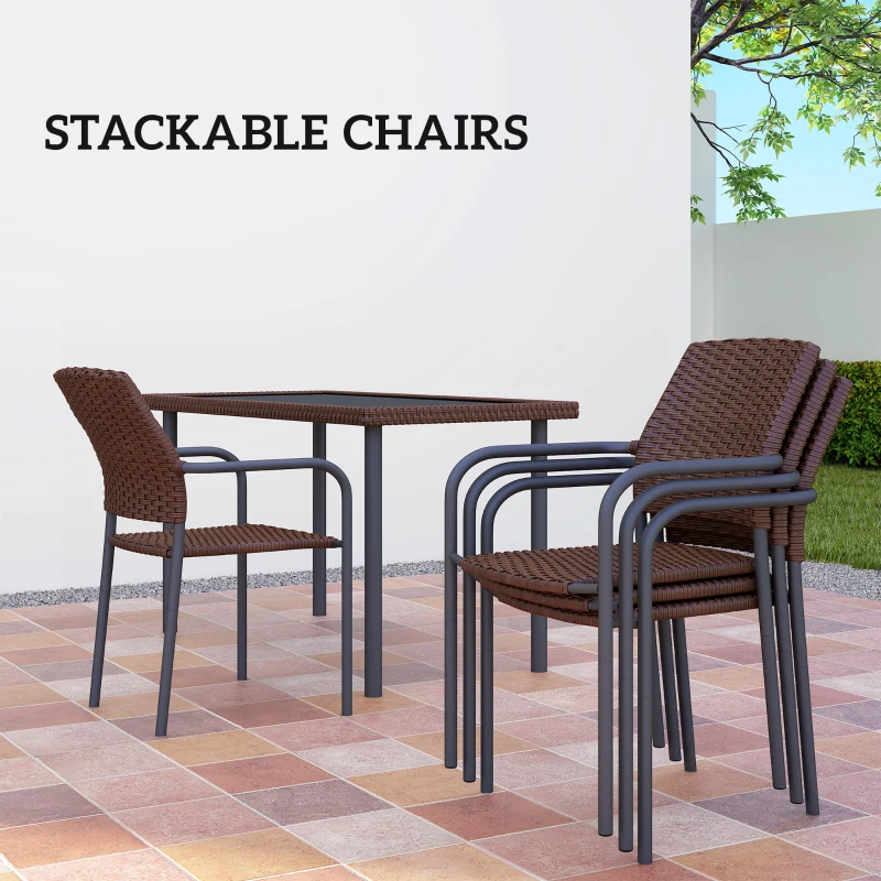 Outsunny 5 Pieces Outdoor Dining Set for 4, PE Wicker Rattan Patio Furniture Set with Stackable Chairs and Glass Table Top