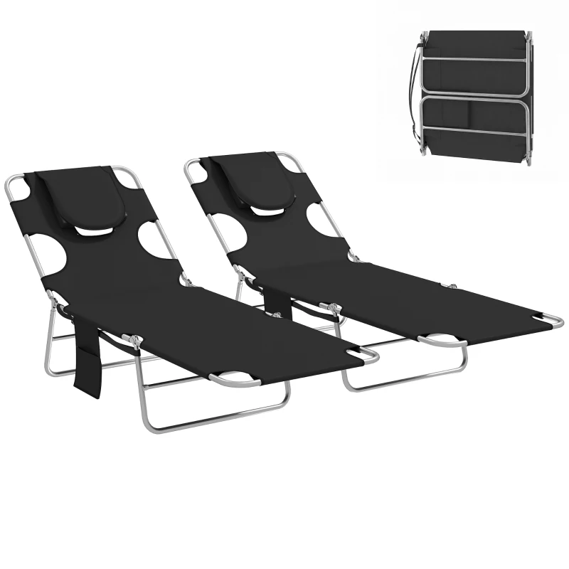 Outsunny 2 Tanning Chairs with Face Hole, 5-Level Adjustable Outdoor Chaise Lounge Chair with Pillow for Beach, Pool, Black