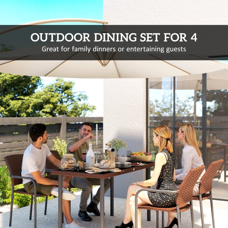 Outsunny 5 Pieces Outdoor Dining Set for 4, PE Wicker Rattan Patio Furniture Set with Stackable Chairs and Glass Table Top