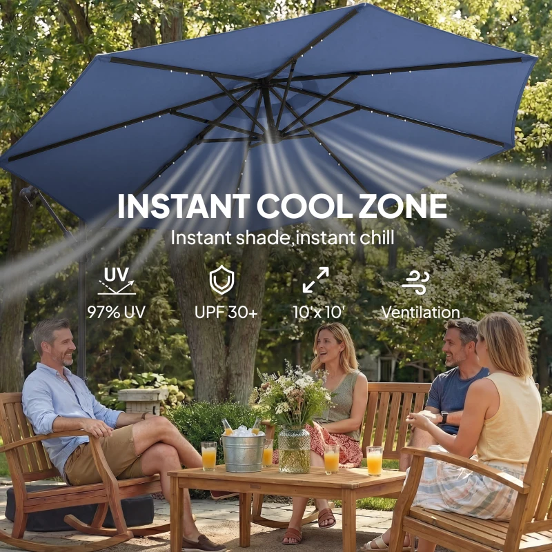 Outsunny 10 ft Cantilever Patio Umbrella with Light, Weight, Offset Hanging Outdoor Umbrella with Protective Cover, Dark Blue