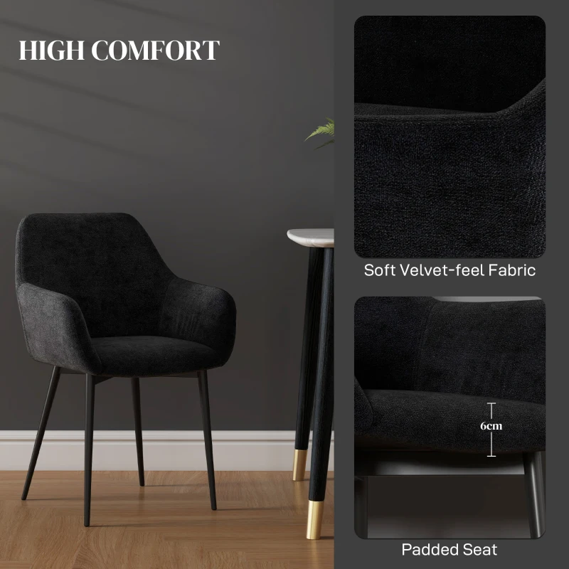 HOMCOM Dining Chairs Set of 2, Velvet-look Fabric Upholstered Kitchen Chairs with Backrest, Armrests and Steel Legs, Black