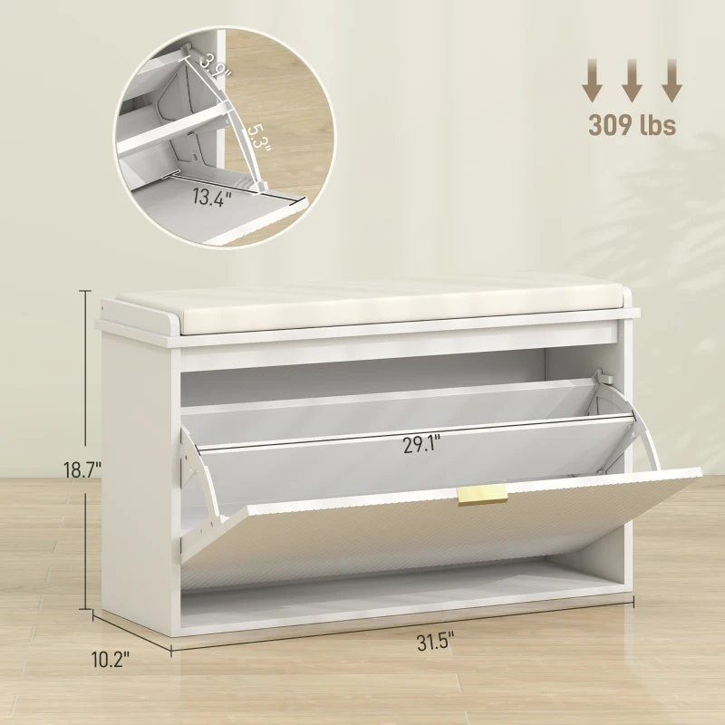 HOMCOM Shoe Storage Bench with Padded Seat Cushion and Flip-Drawer, Entryway Bench, Shoe Cabinet, 31.5x10.2x18.7 Inches, White