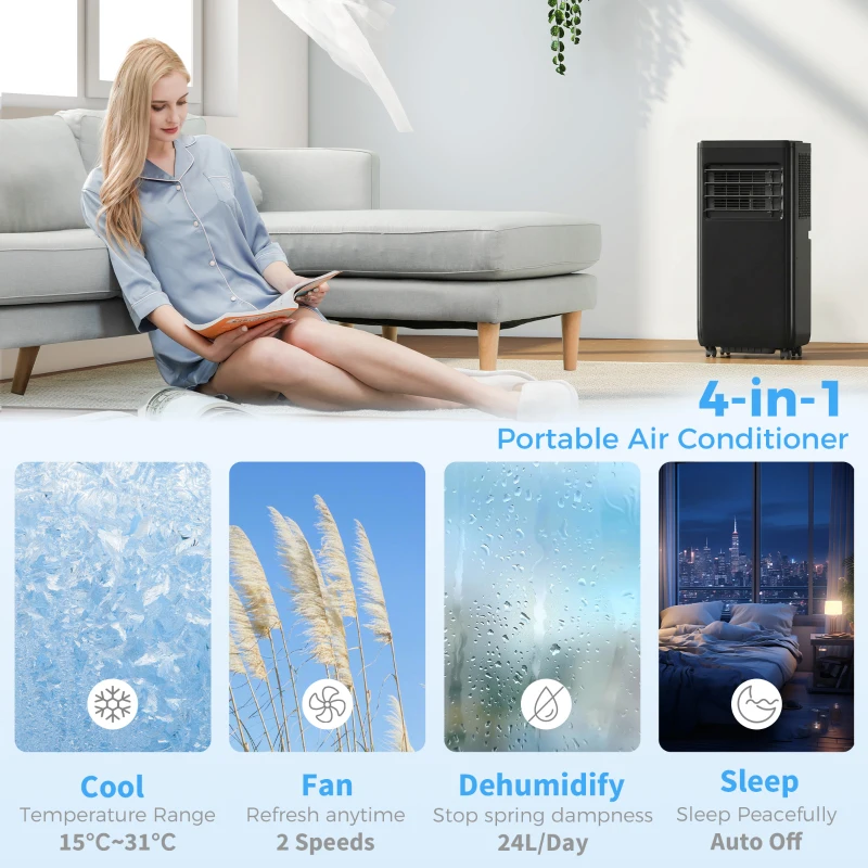 HOMCOM 8000 BTU Portable 4-in-1 Air Conditioner with Cool, Dehumidifier, Fan, Sleep, WiFi Voice Remote Control, Black