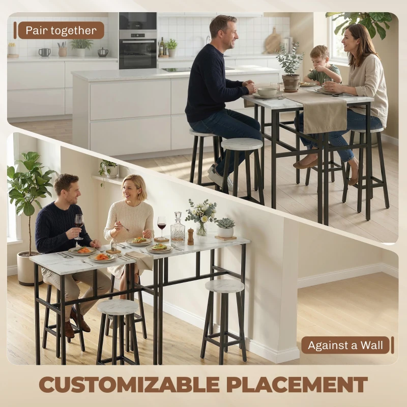 HOMCOM Bar Table Set of 6, Bar Table and Stools for 4, 2 Breakfast Tables and 4 Stools for Living Room, White Marble