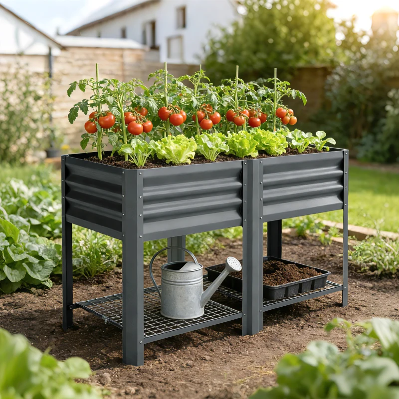 Outsunny Raised Garden Bed Galvanized Steel, Elevated Planter Box with Storage Shelf, Bed Liner, 31.5" High, Dark Gray
