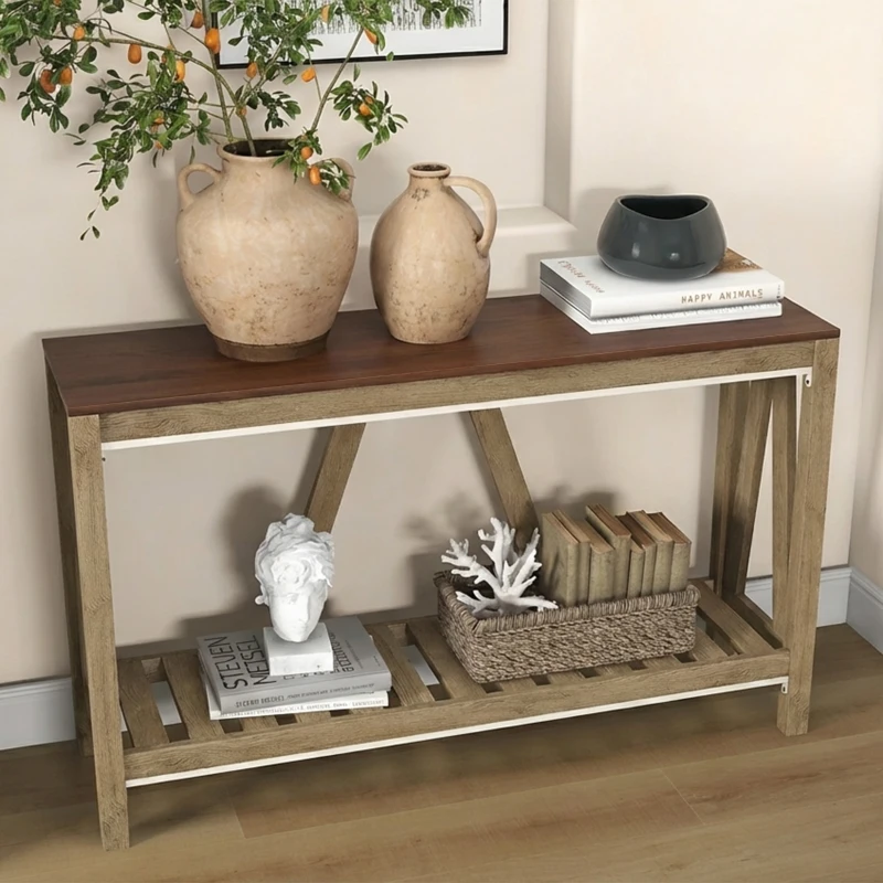 HOMCOM 52" Console Table, Farmhouse Narrow Entryway Table with Storage Shelf, Rustic Sofa Table with Anti-tipper for Living Room and Hallway, Oak