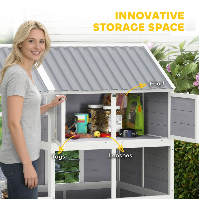 PawHut 79"L Large Dog House Outdoor, Wooden Dog Kennel with Porch, Storage Cabinet,Weatherproof Roof, Windows