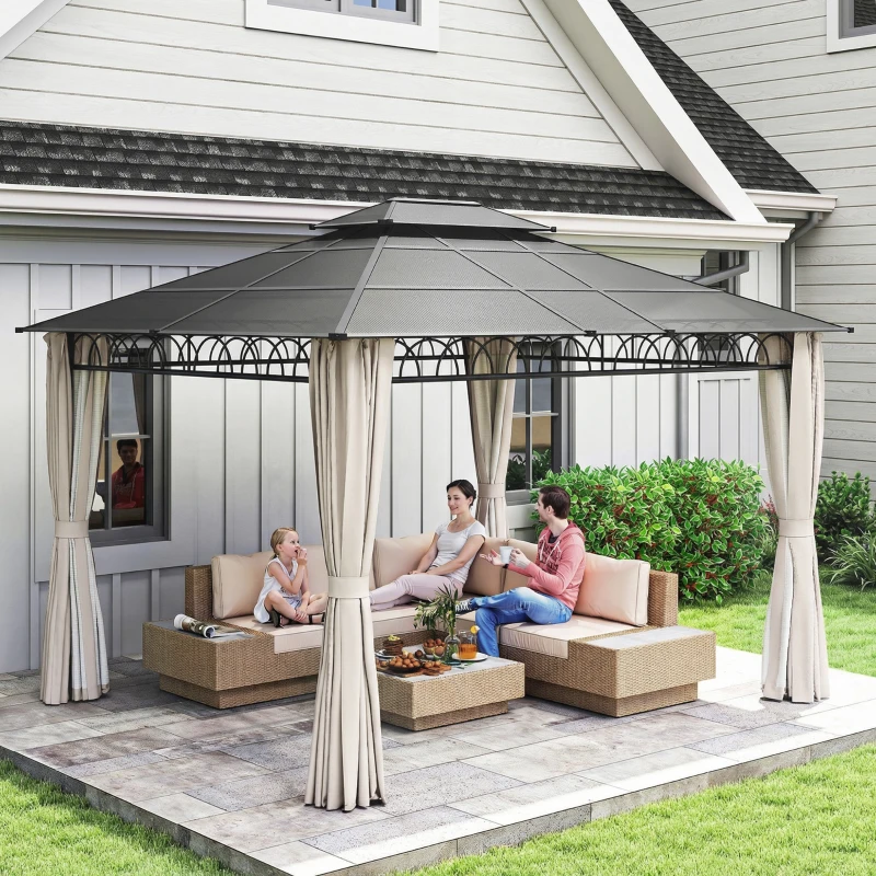 Outsunny 10' x 12' Outdoor Gazebo Canopy, Double Roof Hardtop Gazebo with Polycarbonate Roof, Steel Frame, Nettings and Curtains