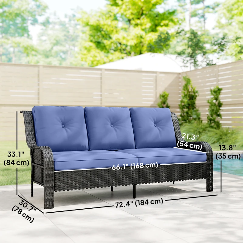 Outsunny Wicker Patio Sofa with Cushions, 3 Seater Rattan Outdoor Couch for Patio, Garden, Porch, Backyard, Deep Blue