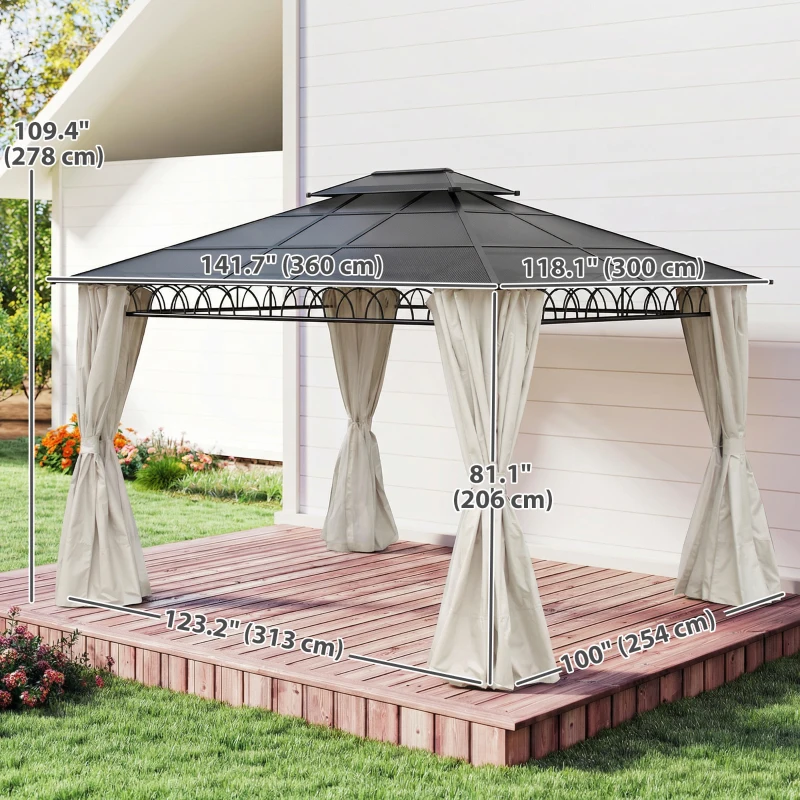 Outsunny 10' x 12' Outdoor Gazebo Canopy, Double Roof Hardtop Gazebo with Polycarbonate Roof, Steel Frame, Nettings and Curtains