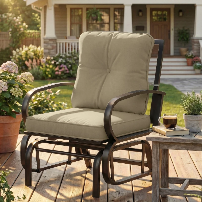 Outsunny Patio Glider, Outdoor Glider Chair with Cushions, Steel Frame, Curved Armrests, Beige