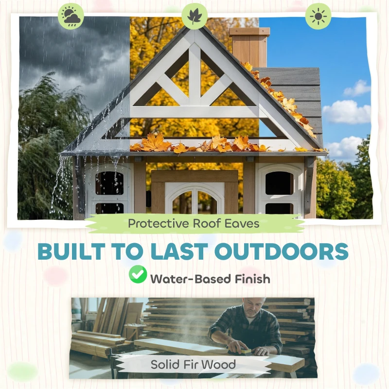 Qaba Outdoor Playhouse, Wooden Kids Playhouse with Dog Door, Cookware, Planter Box, Bell, Blackboard, Clock for Backyard