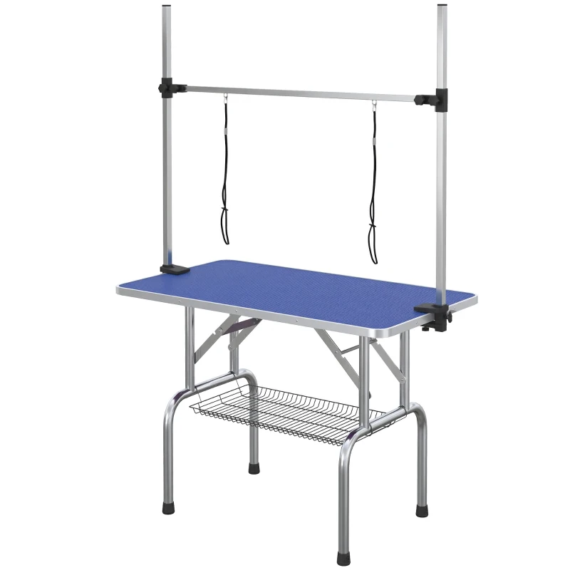 PawHut Adjustable Dog Grooming Table with 2 Safety Slings, Storage Basket, Blue