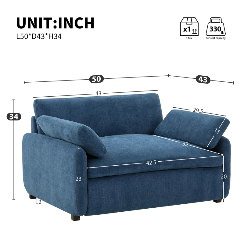 Modern Single Chenille Sofa with Extra-Wide 42.5-Inch Seat, Comfortable Armchair for Bedroom and Living Room, 50" L x 43" W x 34" H, Blue